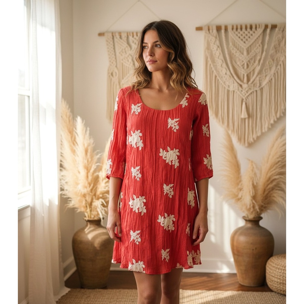NEW ECI Beige S Swing Dress Red Embroidered Floral Cut Out Mini Boho Cottage
